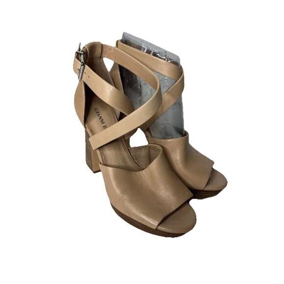 Gianni Bini Camel Leather Chunky Neutral Heel Buckle Close Ankle Sandals Sz 8 - Picture 2 of 4